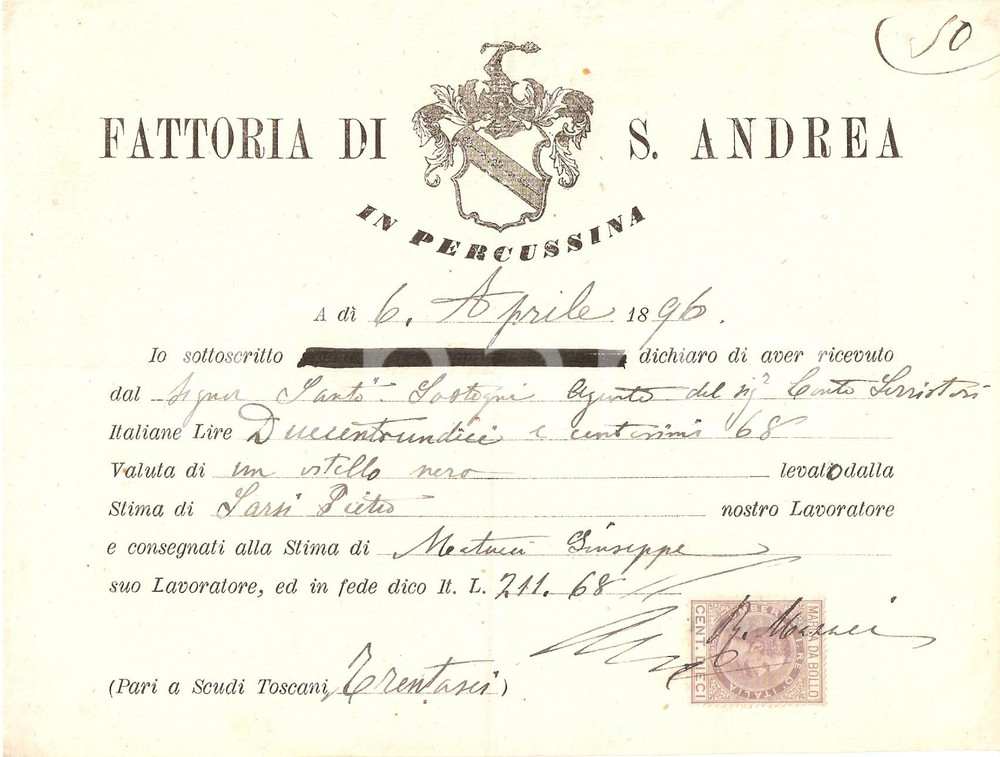 Documento originale, autentico 1896 SANT ANDREA IN PERCUSSINA FI Fattoria Ricevuta bestiami 1