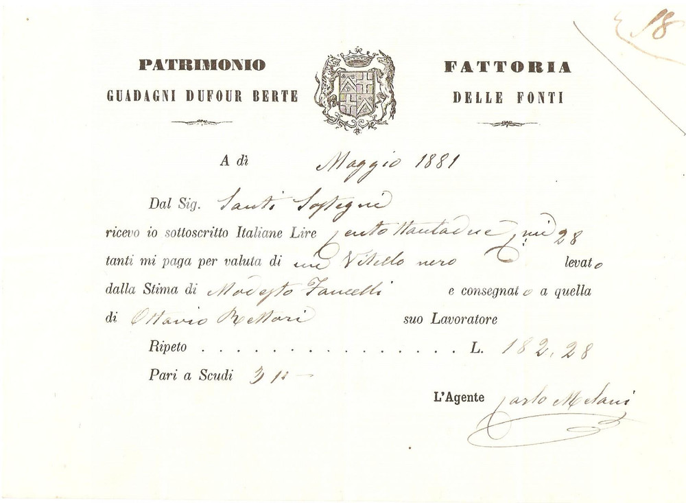 Documento originale, autentico 1881 FIESOLE FI Fattoria delle Fonti Patrimonio DUFOUR BERTE Ricevuta bestiame 1