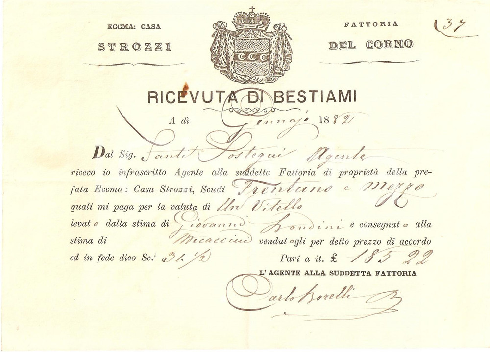 Documento originale, autentico 1882 SAN CASCIANO VAL DI PESA FI Fattoria DEL CORNO Casa STROZZI Ricevuta 1