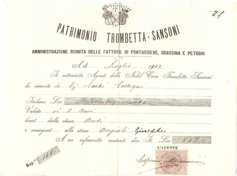 Documento originale, autentico 1902 PONTASSIEVE  GRASSINA  PETROIO Fattorie TROMBETTA SANSONI Ricevuta 1