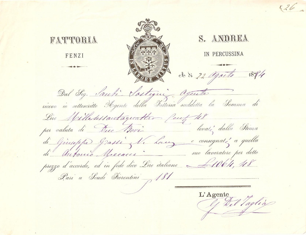 Documento originale, autentico 1884 SANT ANDREA IN PERCUSSINA FI Fattoria FENZI Ricevuta bestiami 1