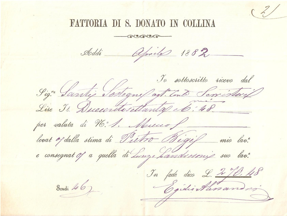 Documento originale, autentico 1883 RIGNANO SULL ARNO FI Fattoria SAN DONATO IN COLLINA Ricevuta bestiami 1