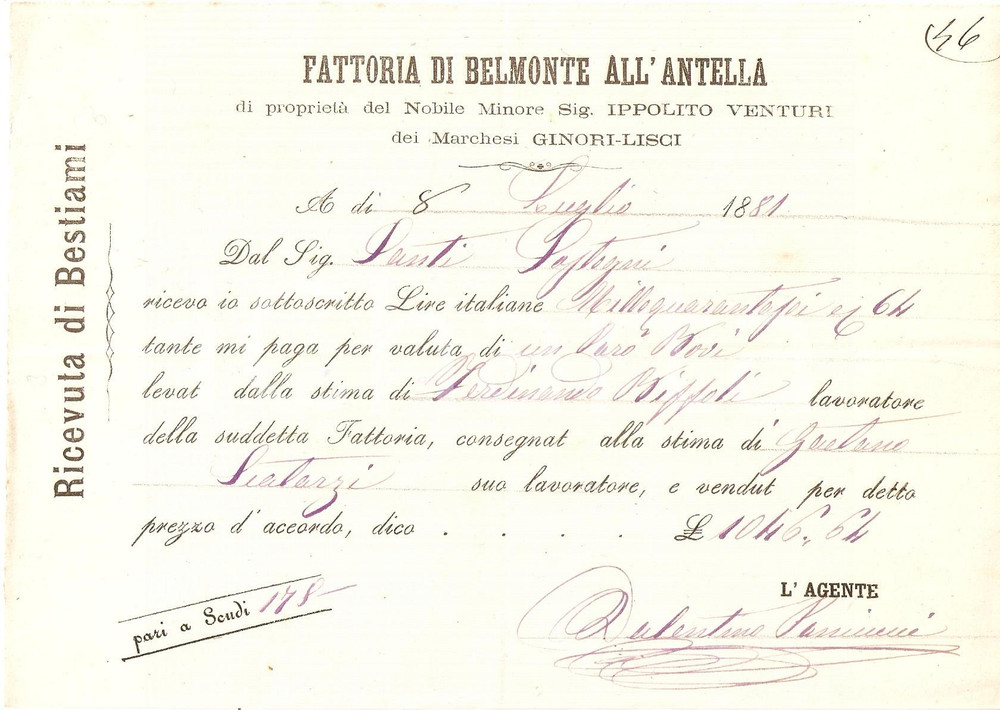 Documento originale, autentico 1881 BAGNO A RIPOLI Fattoria BELMONTE ALL ANTELLA Ippolito VENTURI GINORILISCI 1