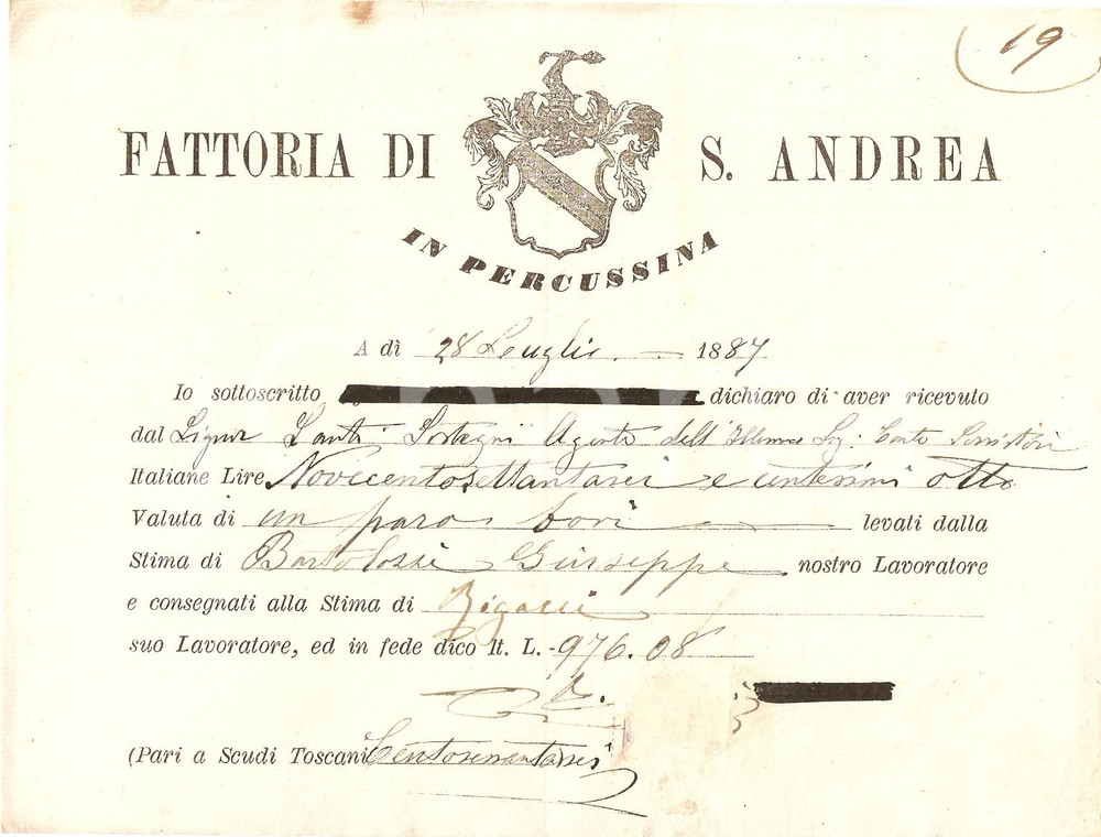 Documento originale, autentico 1887 SANT ANDREA IN PERCUSSINA FI Fattoria Ricevuta bestiami 1