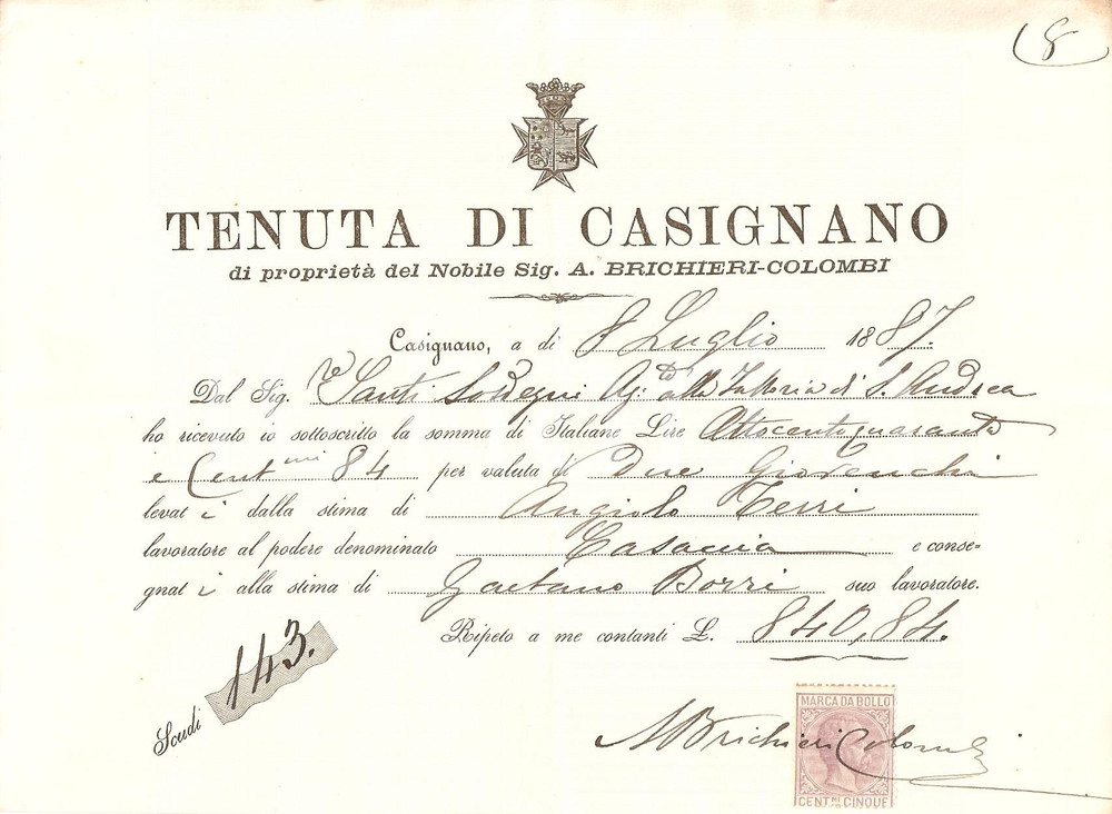 Documento originale, autentico 1887 SCANDICCI FI Tenuta di CASIGNANO Casa BRICHIERICOLOMBI Ricevuta 1