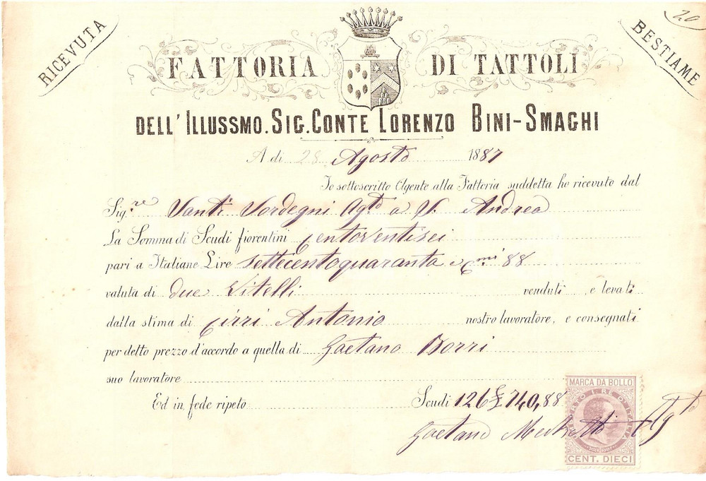 Documento originale, autentico 1887 SAN CASCIANO VAL DI PESA FI Fattoria TATTOLI Lorenzo BINISMAGHI Ricevuta 1