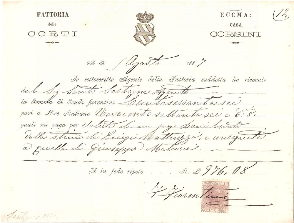 Documento originale, autentico 1887 SAN CASCIANO VAL DI PESA FI Fattoria delle Corti Casa CORSINI Ricevuta 1