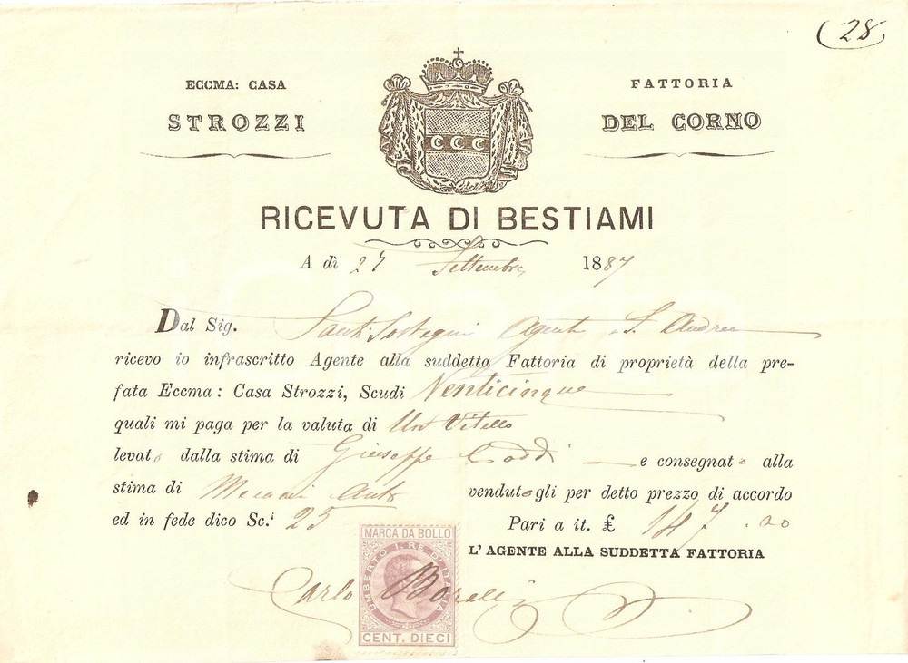 Documento originale, autentico 1887 SAN CASCIANO VAL DI PESA FI Fattoria DEL CORNO Casa STROZZI Ricevuta 1