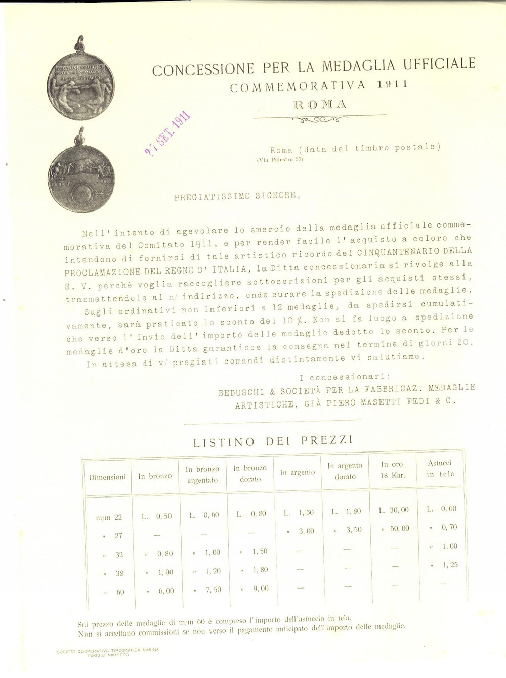 Documento originale, autentico 1911 ROMA Ordini medaglia commemorativa Cinquantenario UNITA  D ITALIA Lettera 1