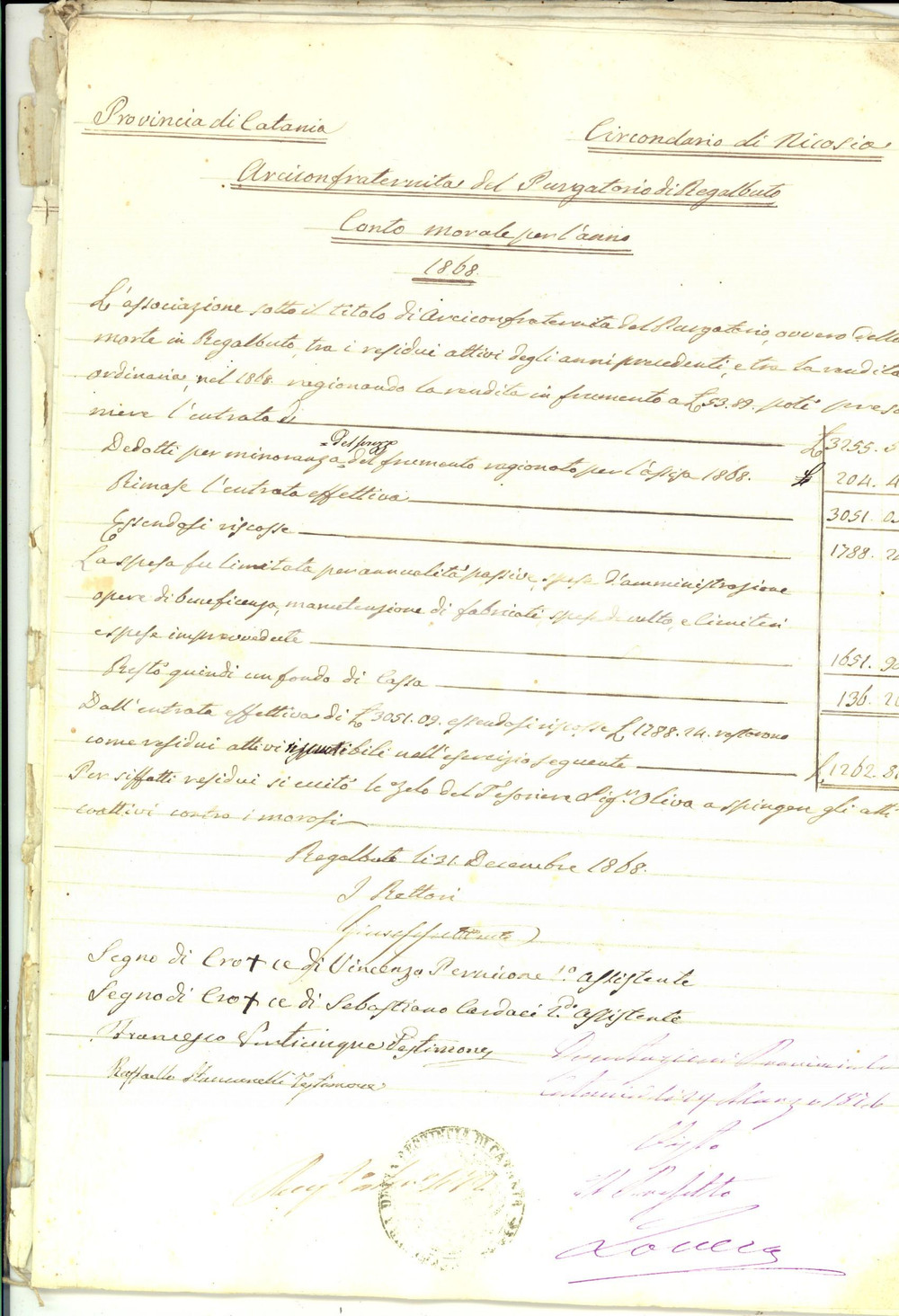 Documento originale, autentico 1868 REGALBUTO EN Arciconfraternita del PURGATORIO  Conto entrate e uscite 1