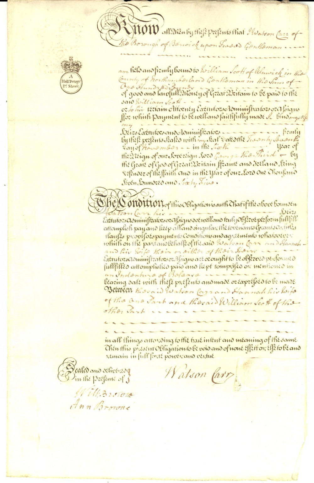 Documento originale, autentico 1765 BERWICKUPONTWEED UK Promessa di pagamento Watson CARR  a William SCOTT 1