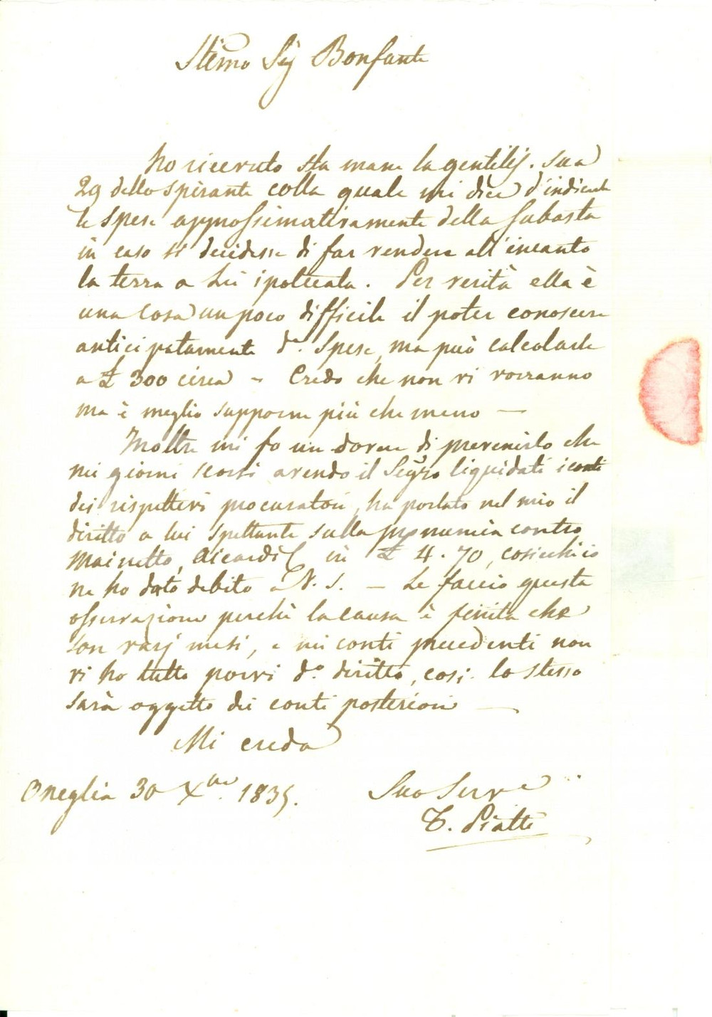 Documento originale, autentico 1835 ONEGLIA IM E  un po  difficile sapere in anticipo le spese di un asta 1