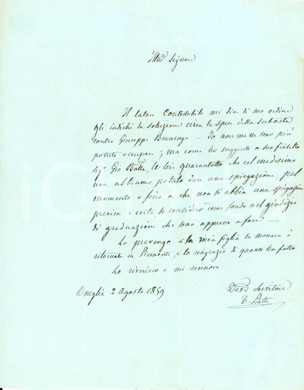 Documento originale, autentico 1859 ONEGLIA IM Figlia monaca di Tommaso PIATTI é tornata in PIEMONTE Lettera 1