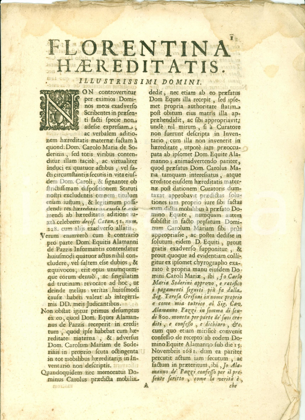 Documento originale, autentico 1694 FIRENZE Alamanno DE  PAZZI vs Carlo Maria SODERINI su eredità  materna 1