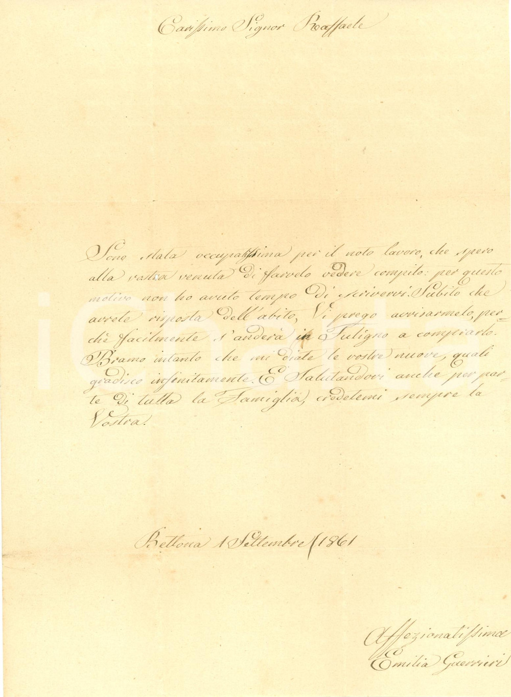 Manoscritto, lettera originale 1861 BETTONA PG Emilia GUERRIERI su abito per Raffaele MAROZZI Lettera 1