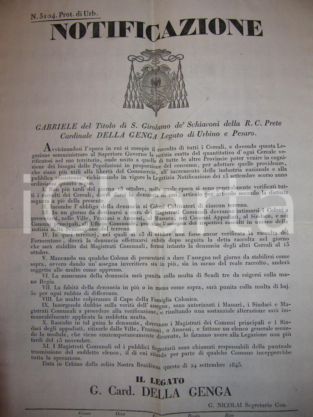 Documento originale, autentico 1845 URBINO Censimento dei cereali raccolti nello STATO PONTIFICIO Manifesto 1