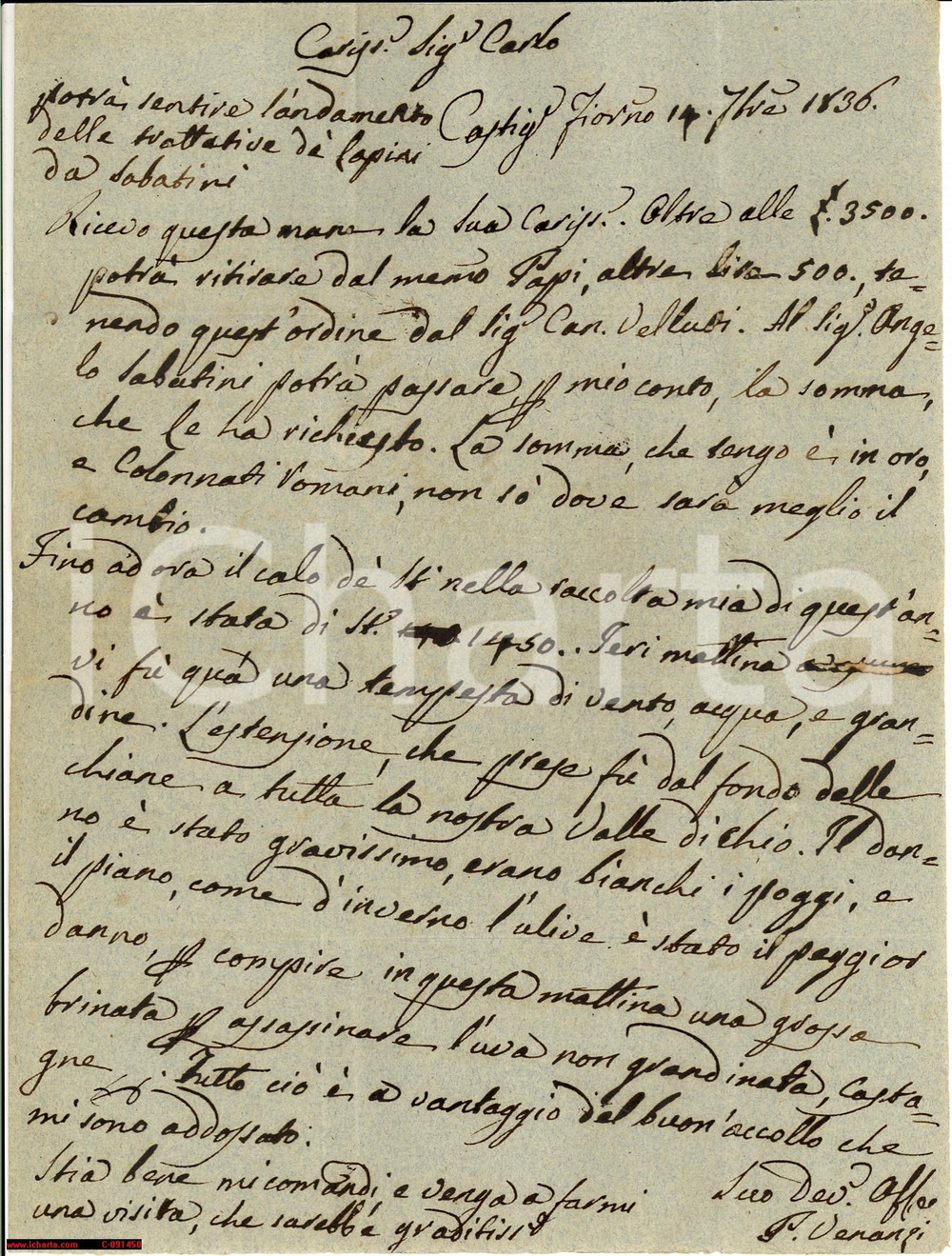 Manoscritto, lettera originale 1836 VAL DI CHIO AR Violenta grandinata fuori stagione Lettera 1