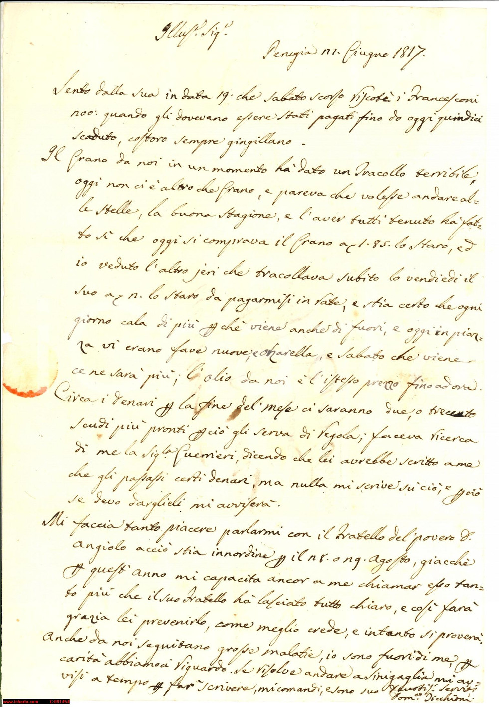 Manoscritto, lettera originale 1817 PERUGIA Tracollo terribile dei prezzi del grano 1