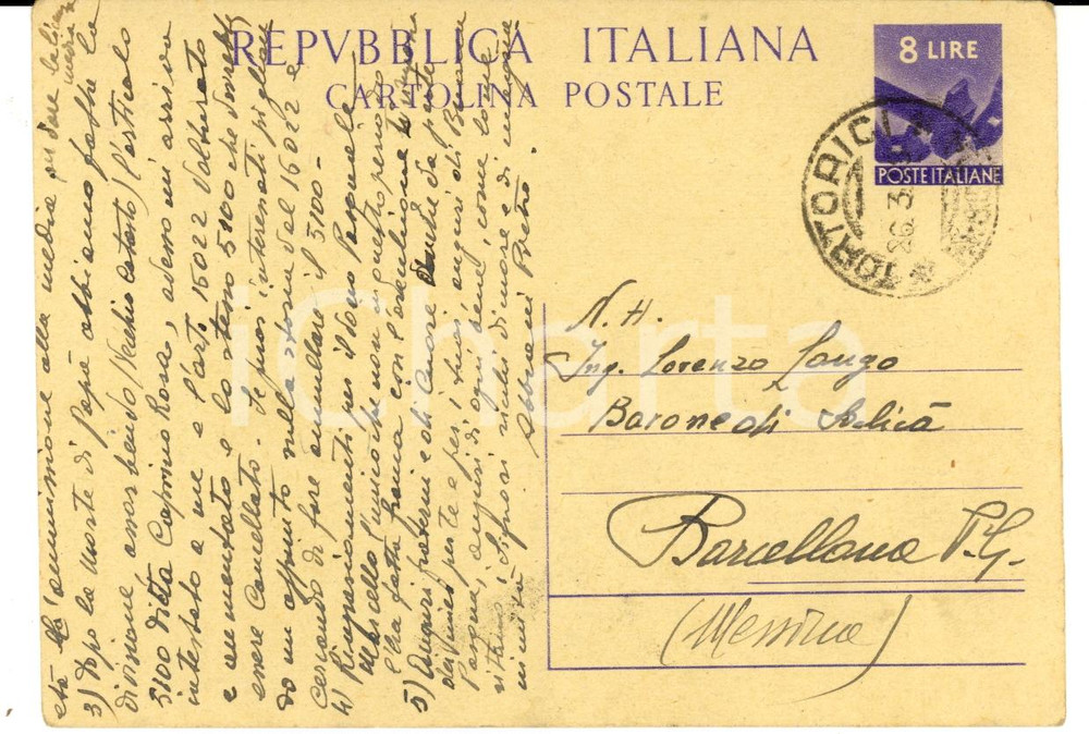 Cartolina originale da collezione 1948 TORTORICI ME Barone Lorenzo LONGO di SALICA  affari di famiglia FG VG 1