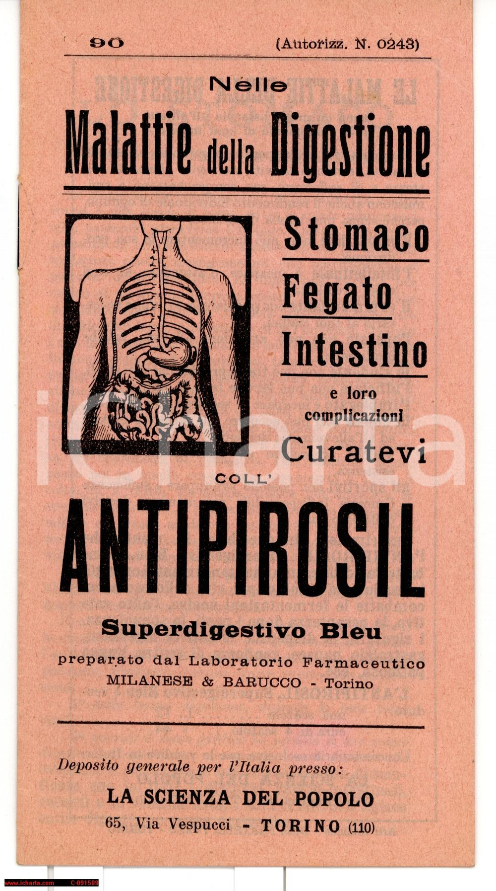 Materiale pubblicitario d’epoca 1930 ca TORINO La Scienza del Popolo ANTIPIROSIL Pubblicitario 1