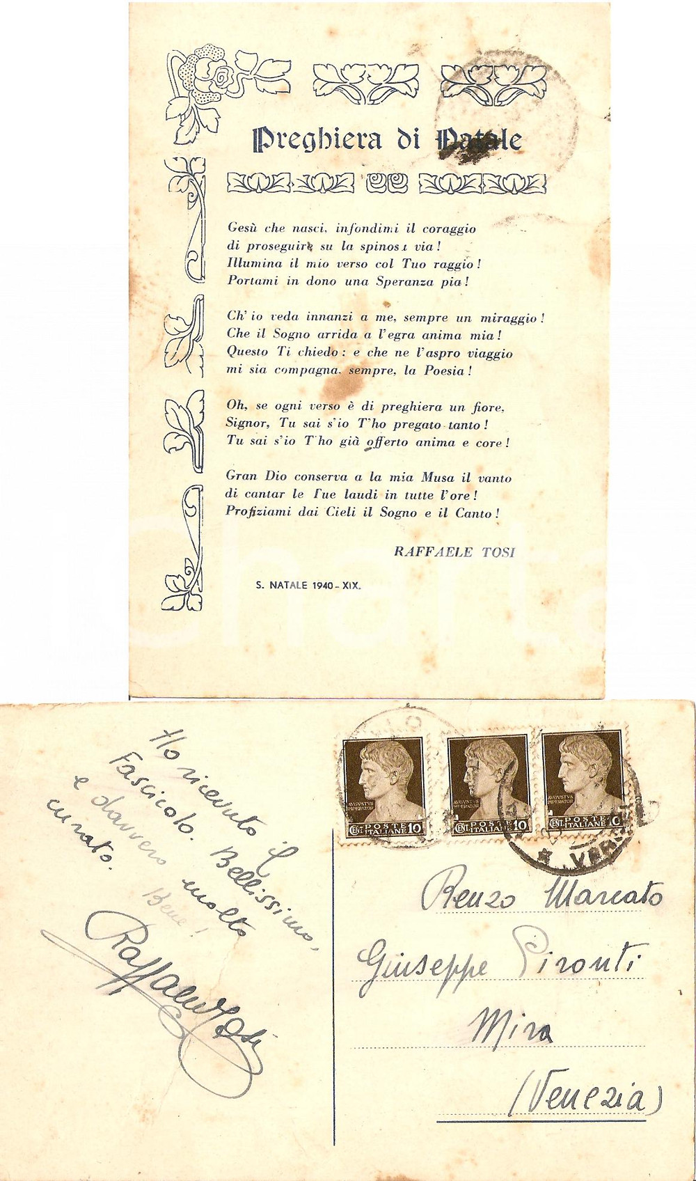 Autografo originale 1940 ca Preghiera di Natale poeta valsesiano RAFFAELE TOSI EL RAFFA autografo 1