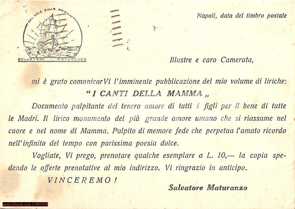 Autografo originale 1942 NAPOLI Autopromozione poeta Salvatore MATURANZO invio autografo 1