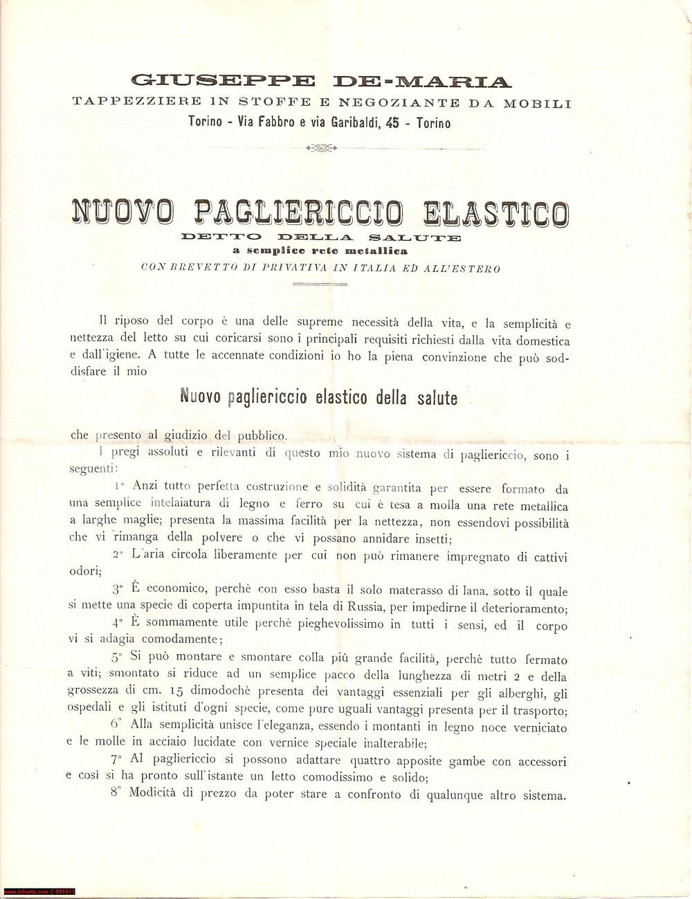 Materiale pubblicitario d’epoca 1900 ca TORINO Pagliericcio elastico Giuseppe DE MARIA Lettera commerciale 1