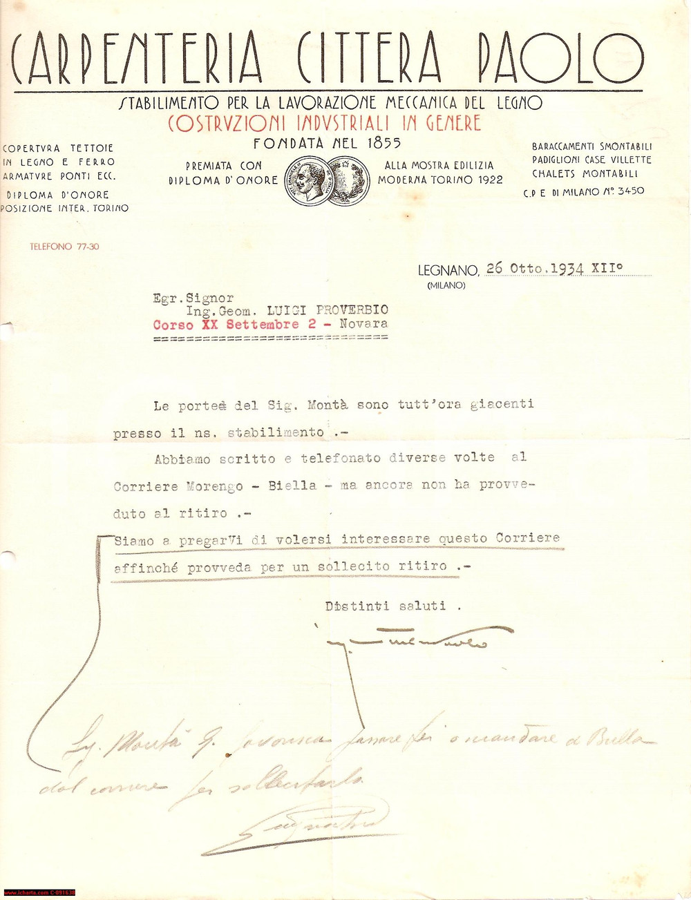 Documento originale, autentico 1934 LEGNANO MI Carpenteria CITTERA PAOLO  Lettera 1