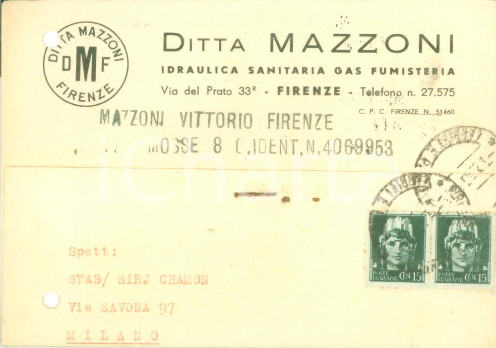 Cartolina originale da collezione 1943 FIRENZE Ditta MAZZONI Idraulica Sanitaria gas Cartolina commerciale FG VG 1
