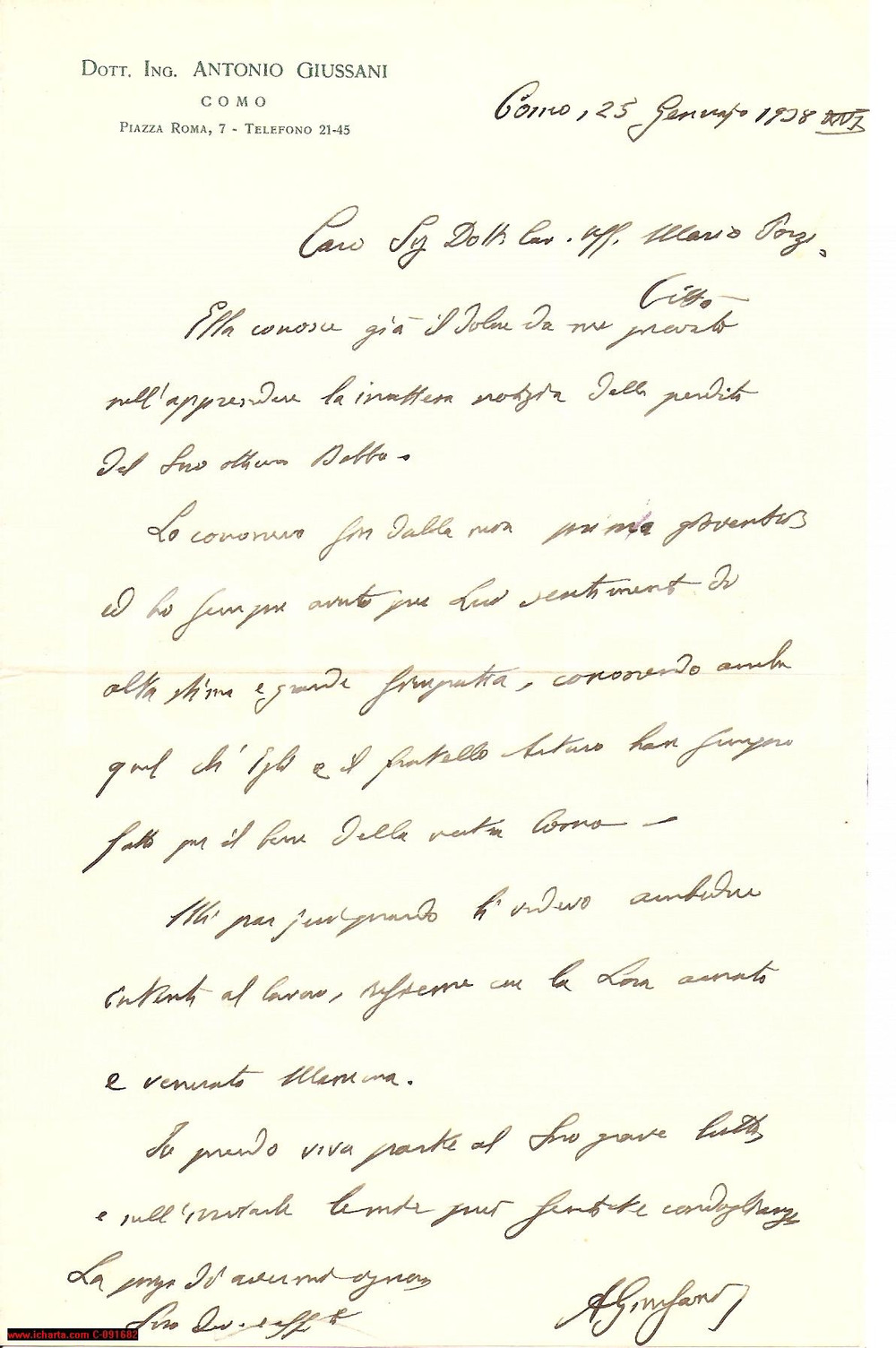 Autografo originale 1938 COMO ing. Antonio GIUSSANI Lettera autografa di condoglianze 1