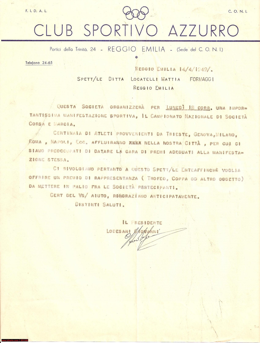 Manoscritto, lettera originale 1949 REGGIO EMILIA CLUB SPORTIVO AZZURRO Premi in formaggio gara corsa e marcia 1