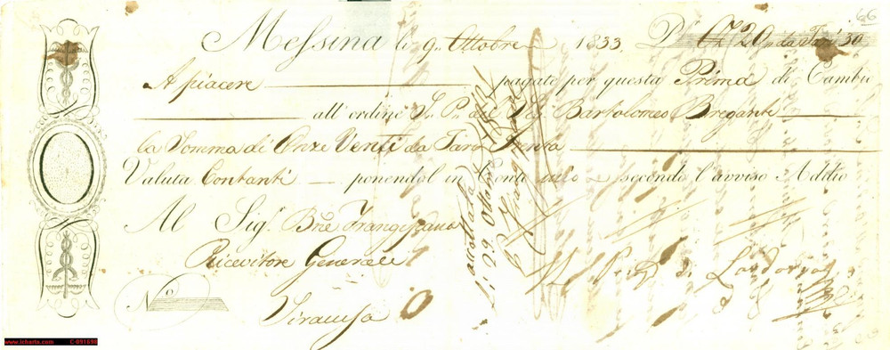 Documento originale, autentico 1833 MESSINA Cambiale del Principe di LARDERIA per DOMENICO BREGANTE 1