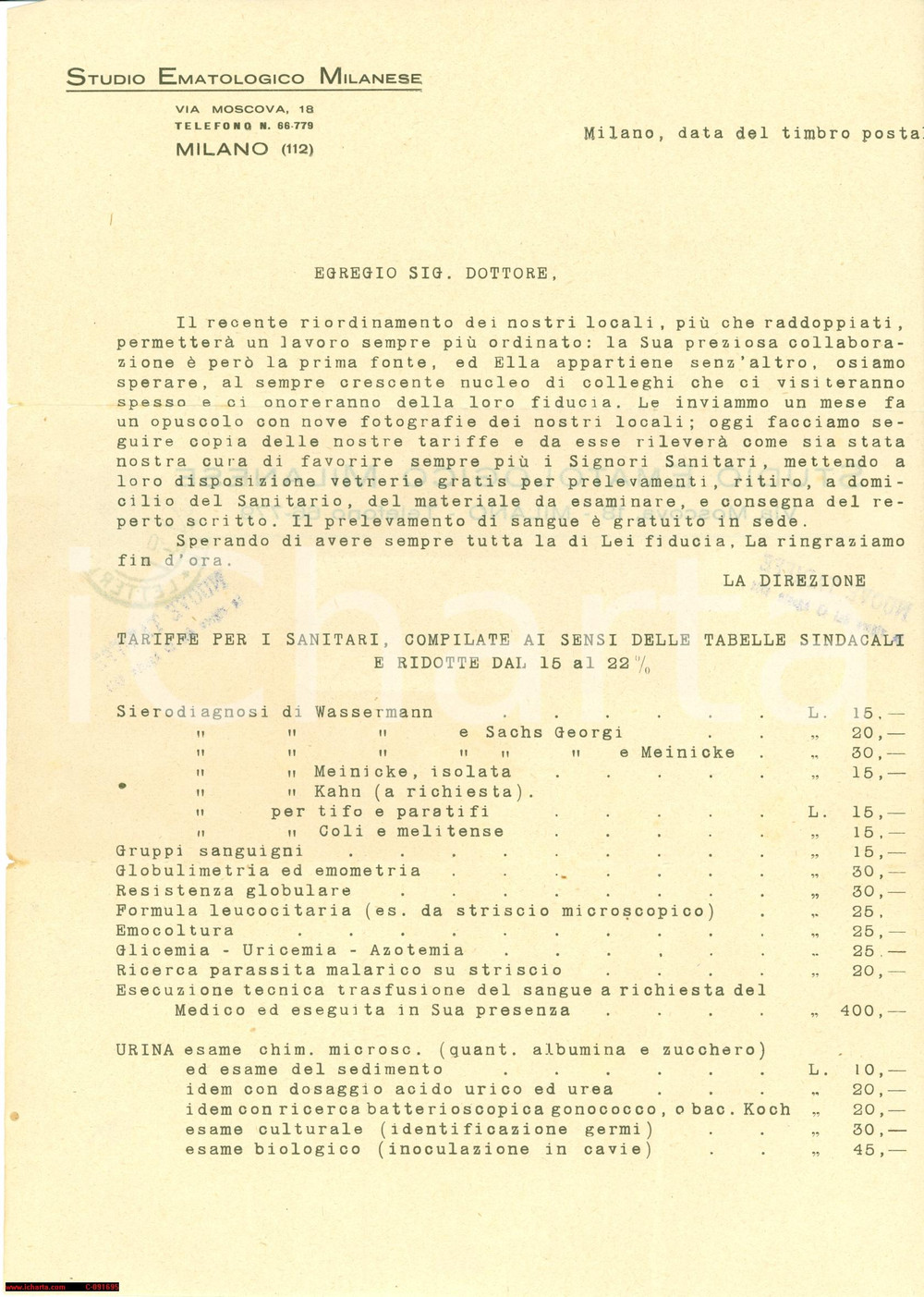 Documento originale, autentico 1931 MILANO Nuove tariffe Studio EMATOLOGICO Milanese 1