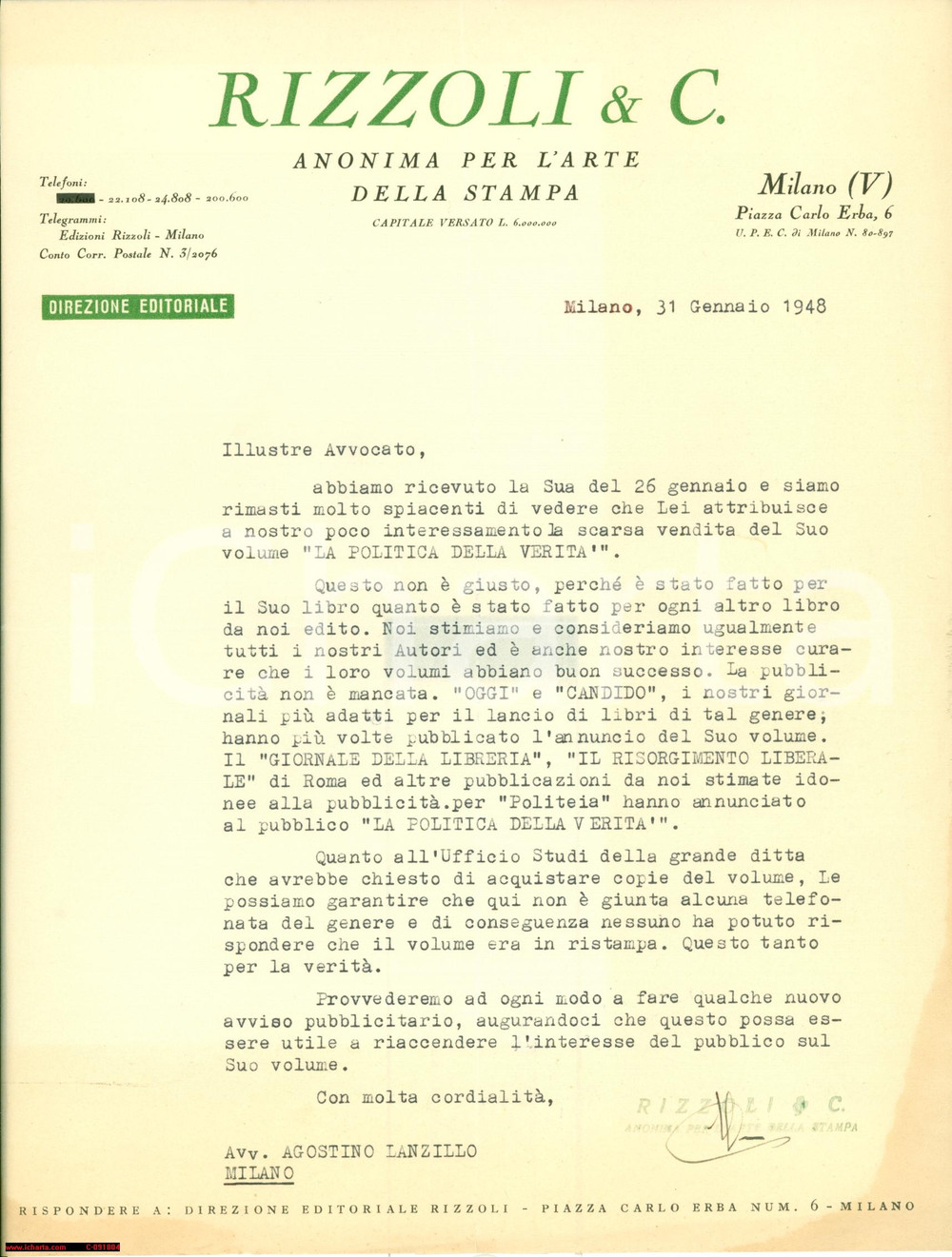 Manoscritto, lettera originale 1948 MILANO Scarsa pubblicità  della Casa Editrice RIZZOLI per AGOSTINO LANZILLO 1