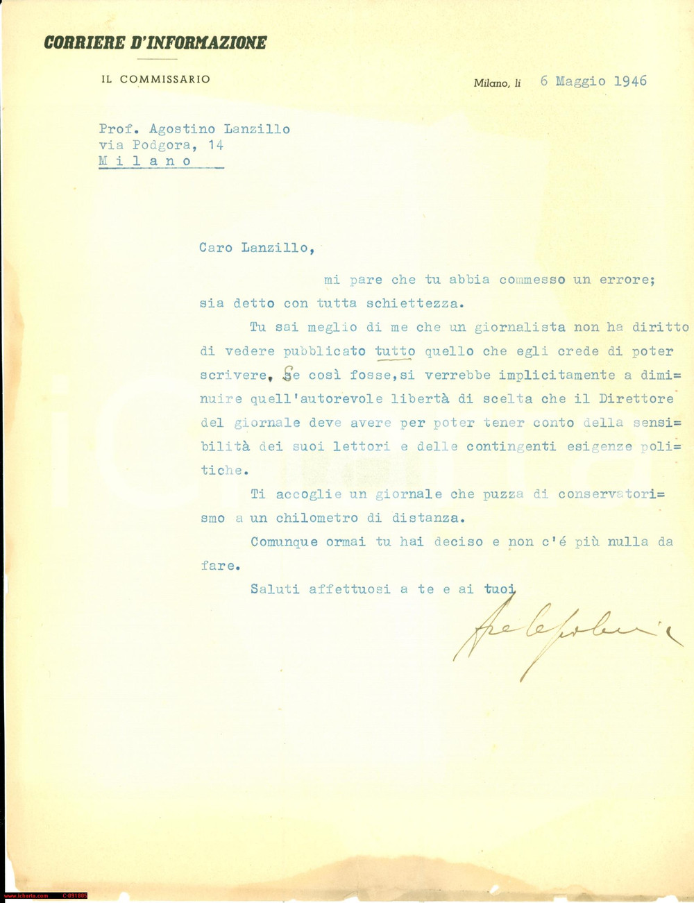 Manoscritto, lettera originale 1946 MILANO Non tutto si pubblica CORRIERE INFORMAZIONE 1