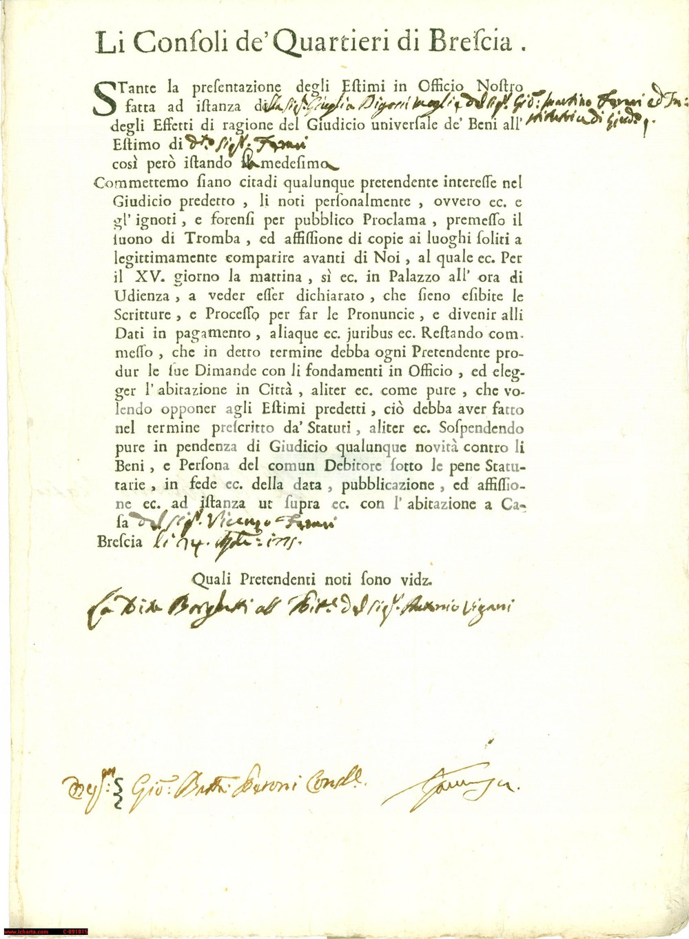 Documento originale, autentico 1775 BRESCIA Estimi Giulia BIGOSSI vs Ditta BORGHETTI 1