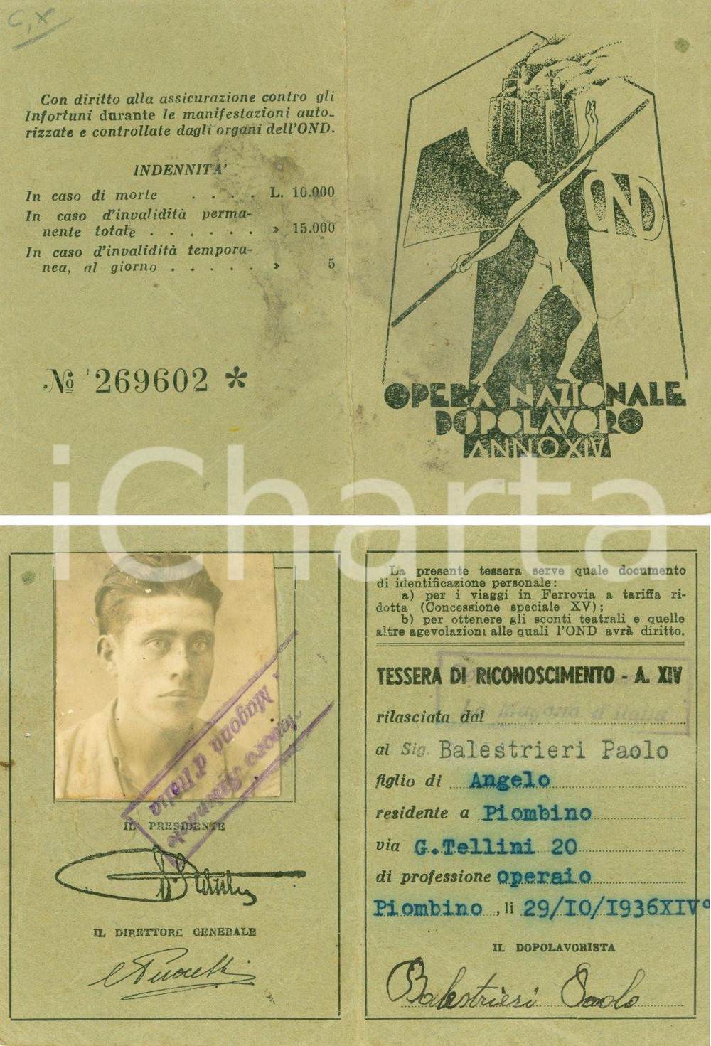 Oggetto da collezione cartaceo 1936 PIOMBINO Tessera Paolo BALESTRIERI Operaio alla Magona d Italia SPA 1