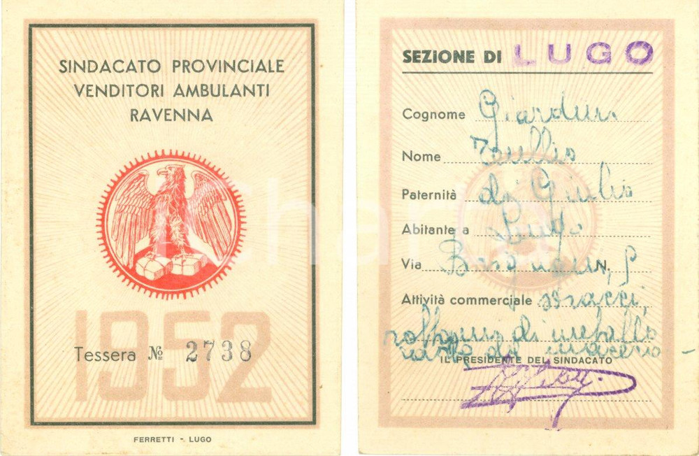 Oggetto da collezione cartaceo 1952 LUGO RA Sindacato Venditori Ambulanti Ravenna Tessera per uno stracciaio 1