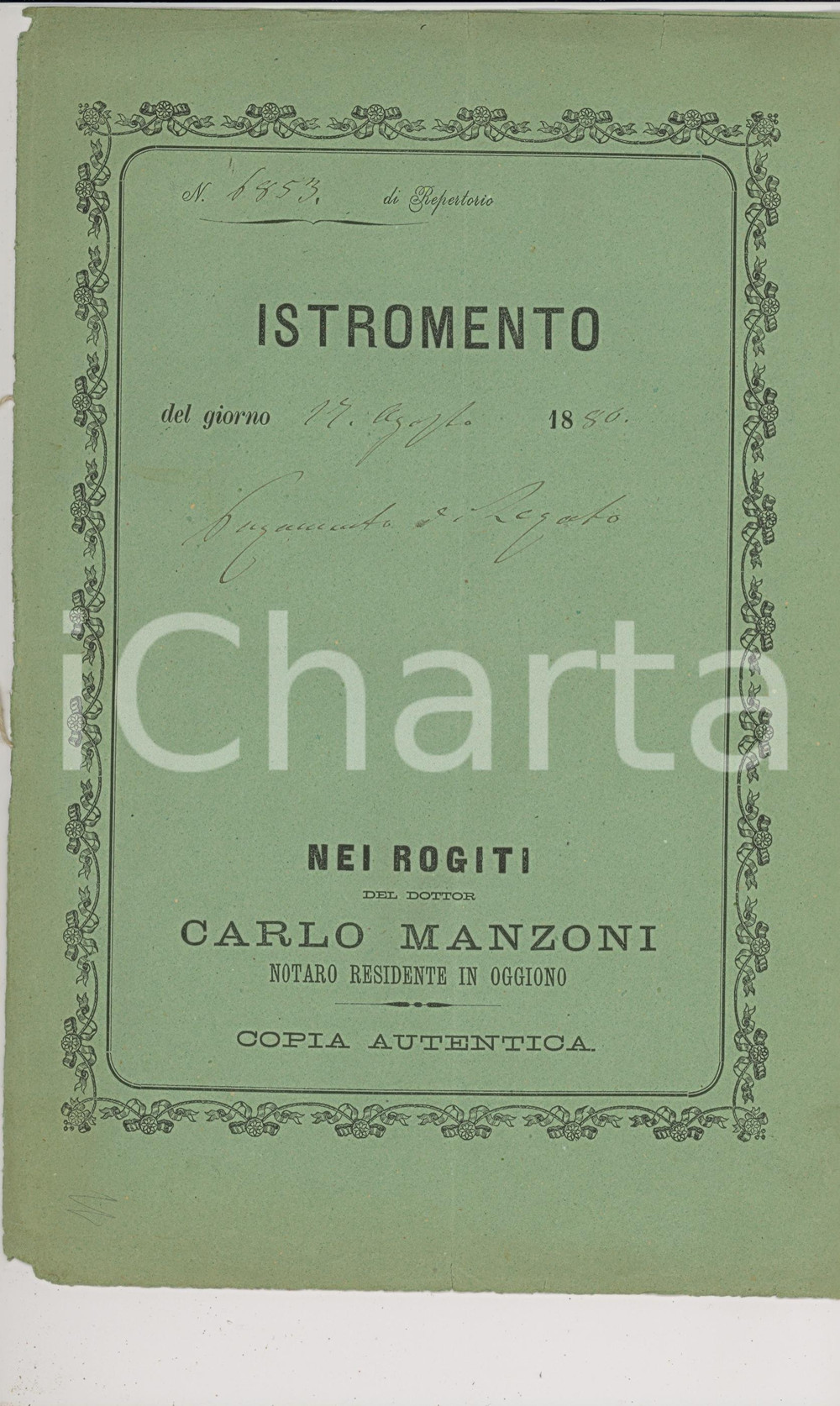 Documento originale, autentico 1880 BARZAGO LECCO Eredità del sacerdote Antonio BUTTI  Atto notarile 1