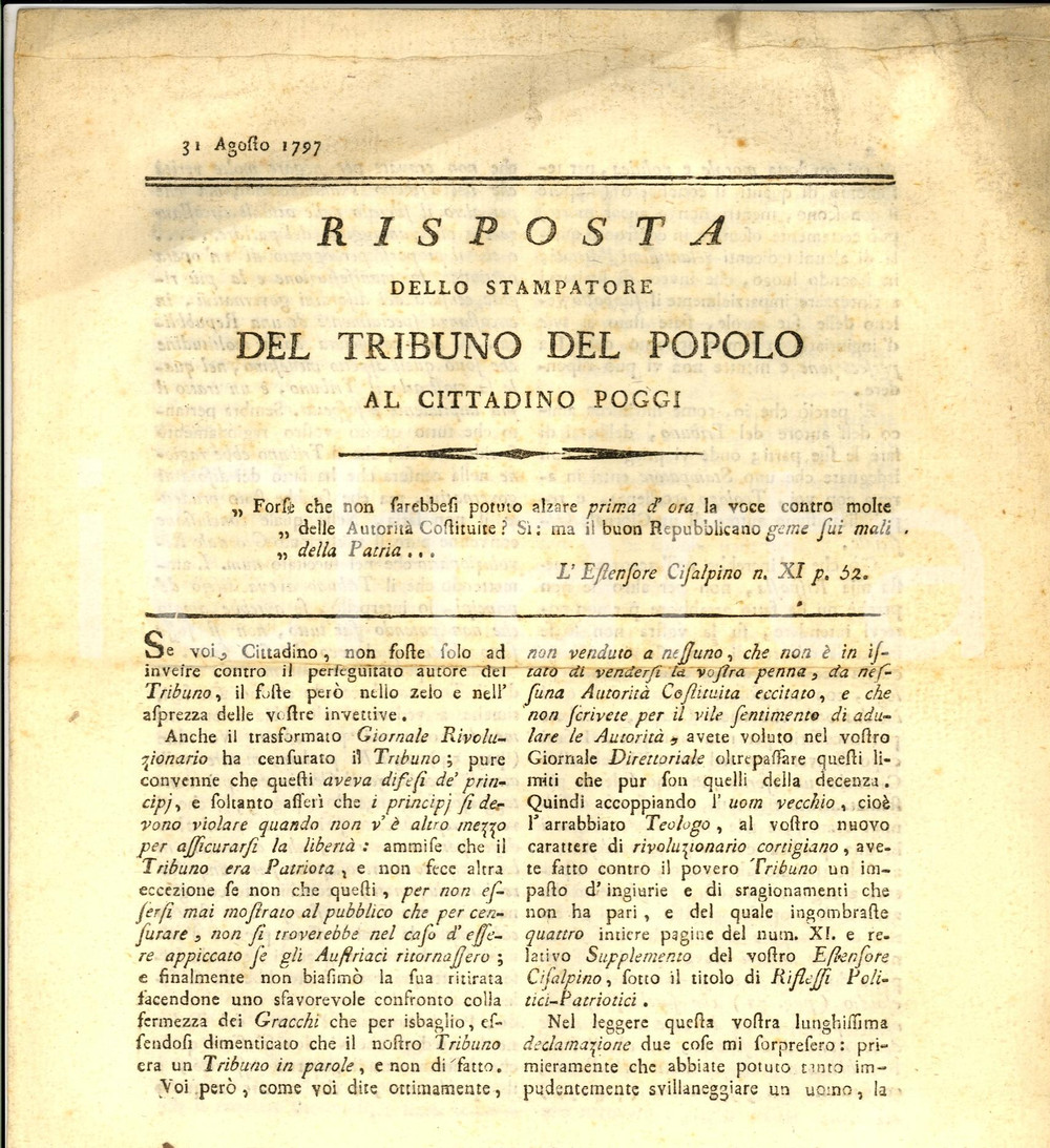 Documento originale, autentico 1797 Raro documento giacobino: Risposta dello stampatore del Tribuno del Popolo 1