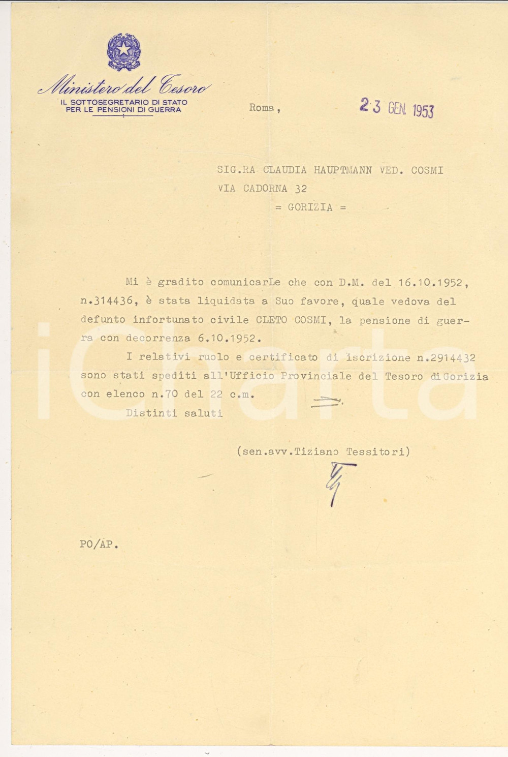 Documento originale, autentico 1953 GORIZIA Autografo TIZIANO TESSITORI lettera per concessione pensione guerra 1