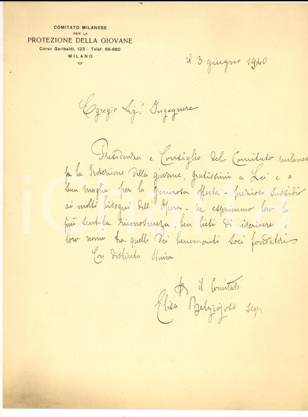 Documento originale, autentico 1940 MILANO Elisa Belgiojoso Ringraz. offerta Comitato Protezione della Giovane 1