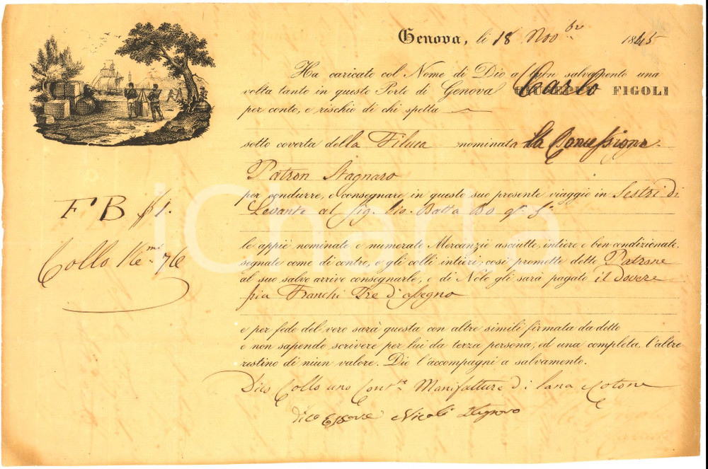 Documento originale, autentico 1845 SESTRI LEVANTE Imbarco lana Patron Nicola STAGNARO 1