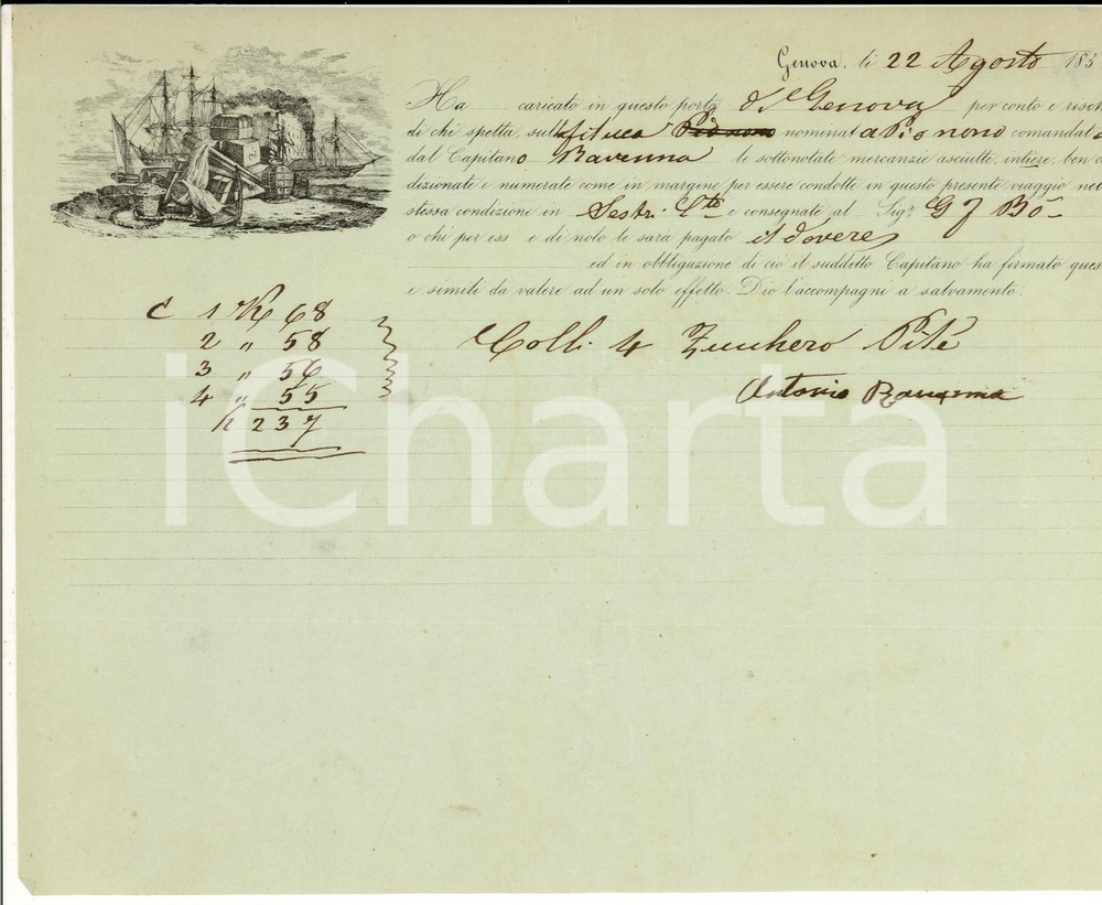 Documento originale, autentico 1851 SESTRI LEVANTE GE Carico zucchero su feluca PIO IX 1