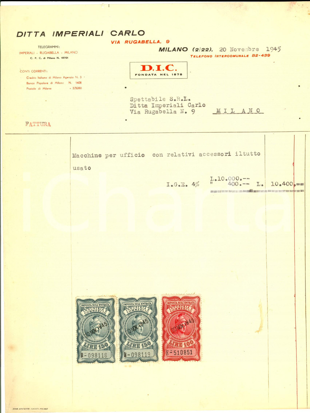 Documento originale, autentico 1945 MILANO Ditta Carlo IMPERIALI  Fattura per macchine da ufficio Bolli 1