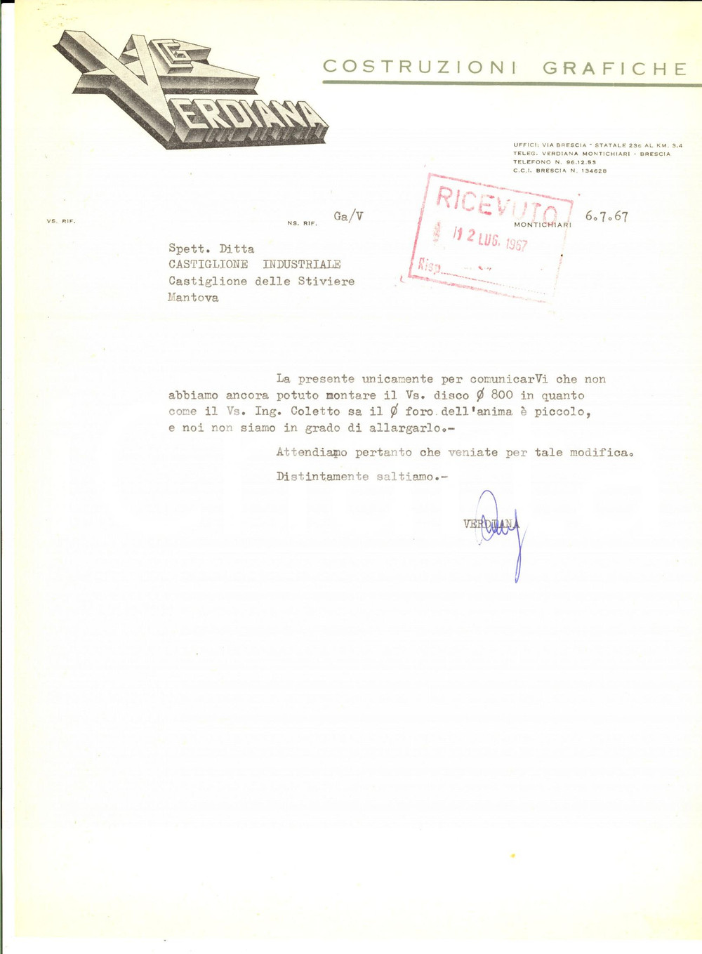 Documento originale, autentico 1967 MONTICHIARI BS Ditta VERDIANA Costruzioni Grafiche Lettera commerciale 1