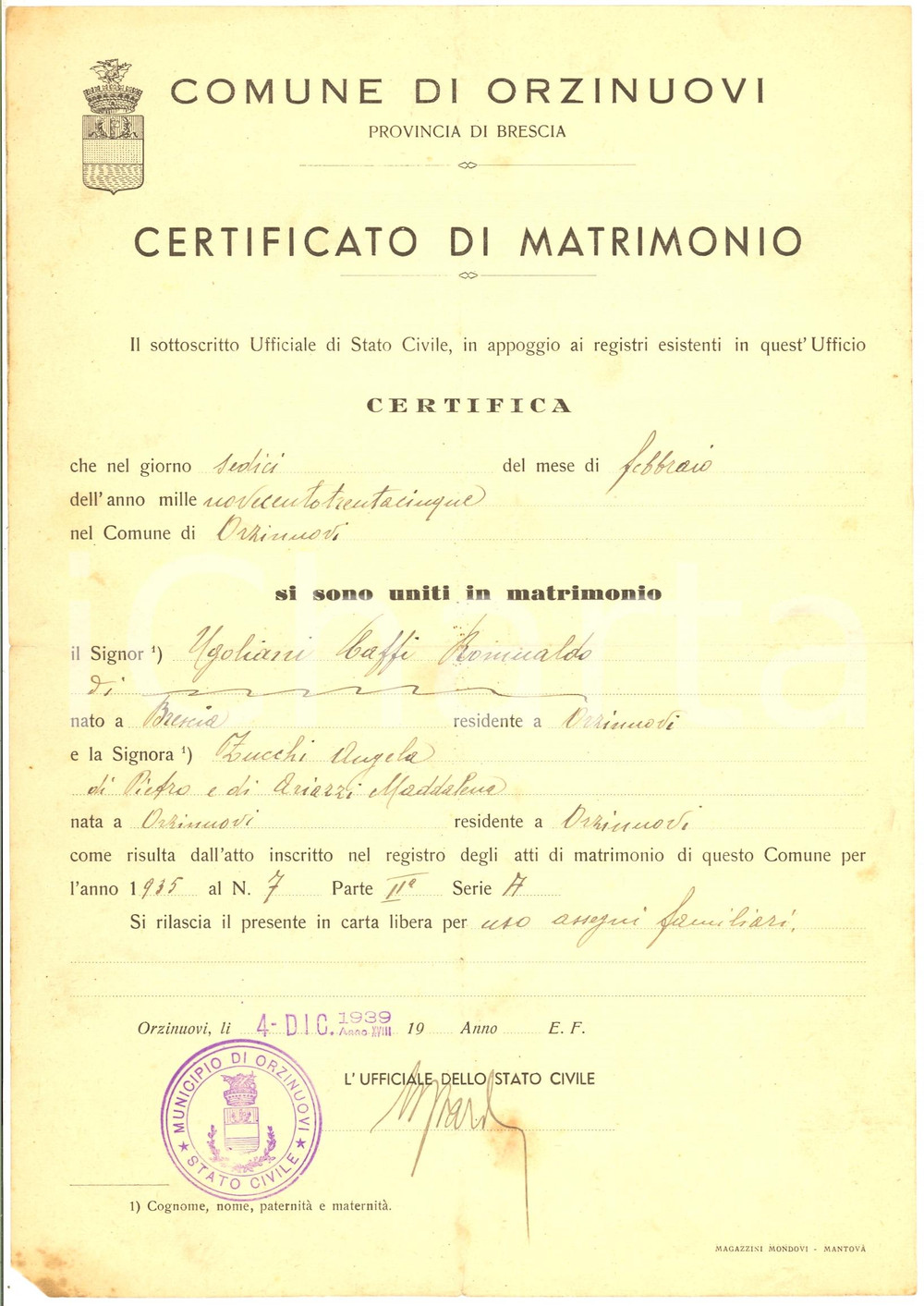 Documento originale, autentico 1939 ORZINUOVI BS Matrimonio UGOLIANI CAFFI e ZUCCHI 1