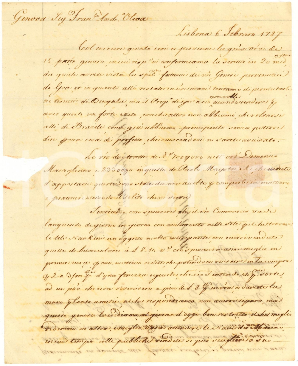 Manoscritto, lettera originale 1787 LISBONA Il mercante GHIGLIONE invia merci coloniali a Francesco OLIVA 1
