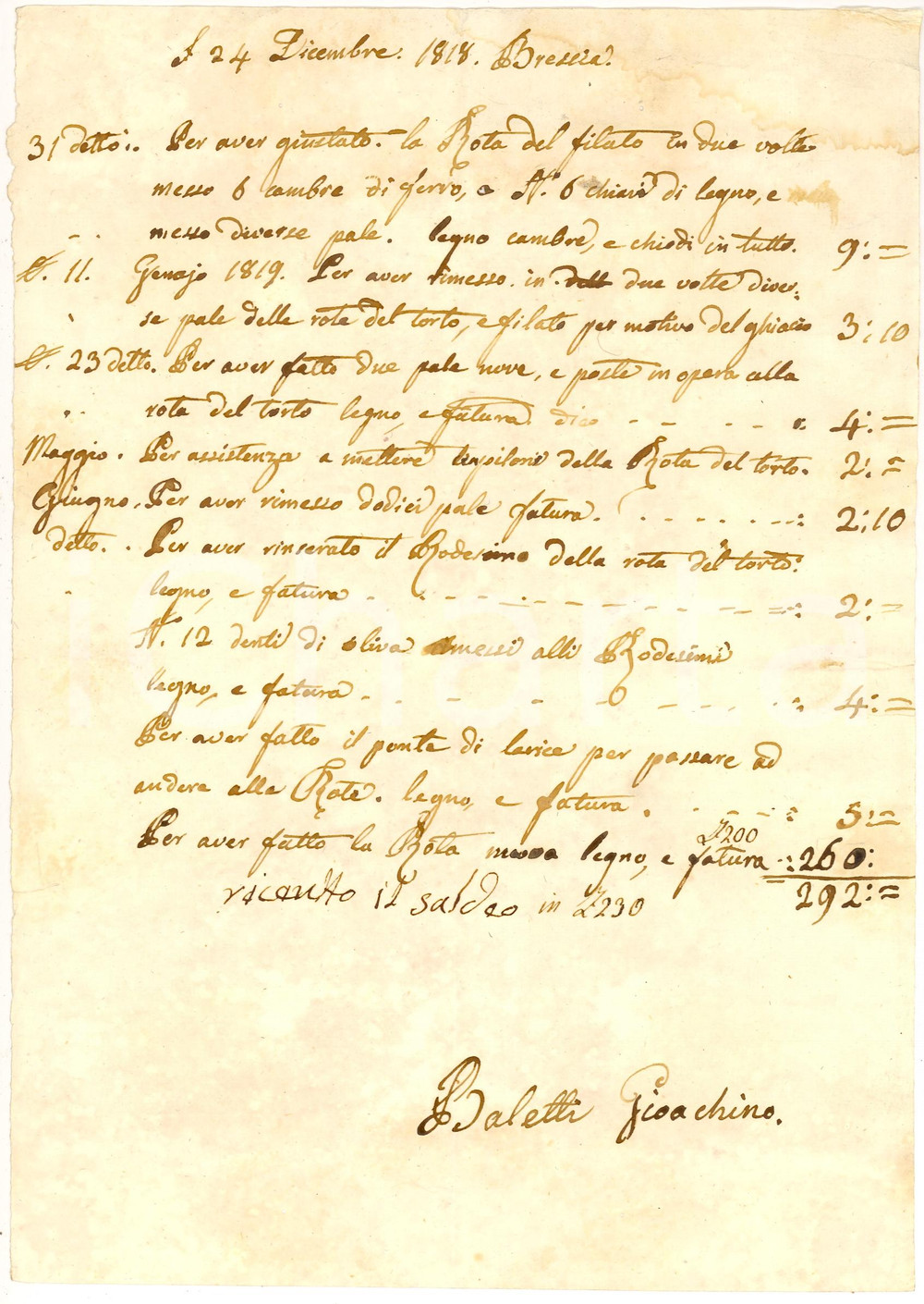 Documento originale, autentico 1828 BRESCIA Gioachino BALETTI aggiusta rota del filato 1