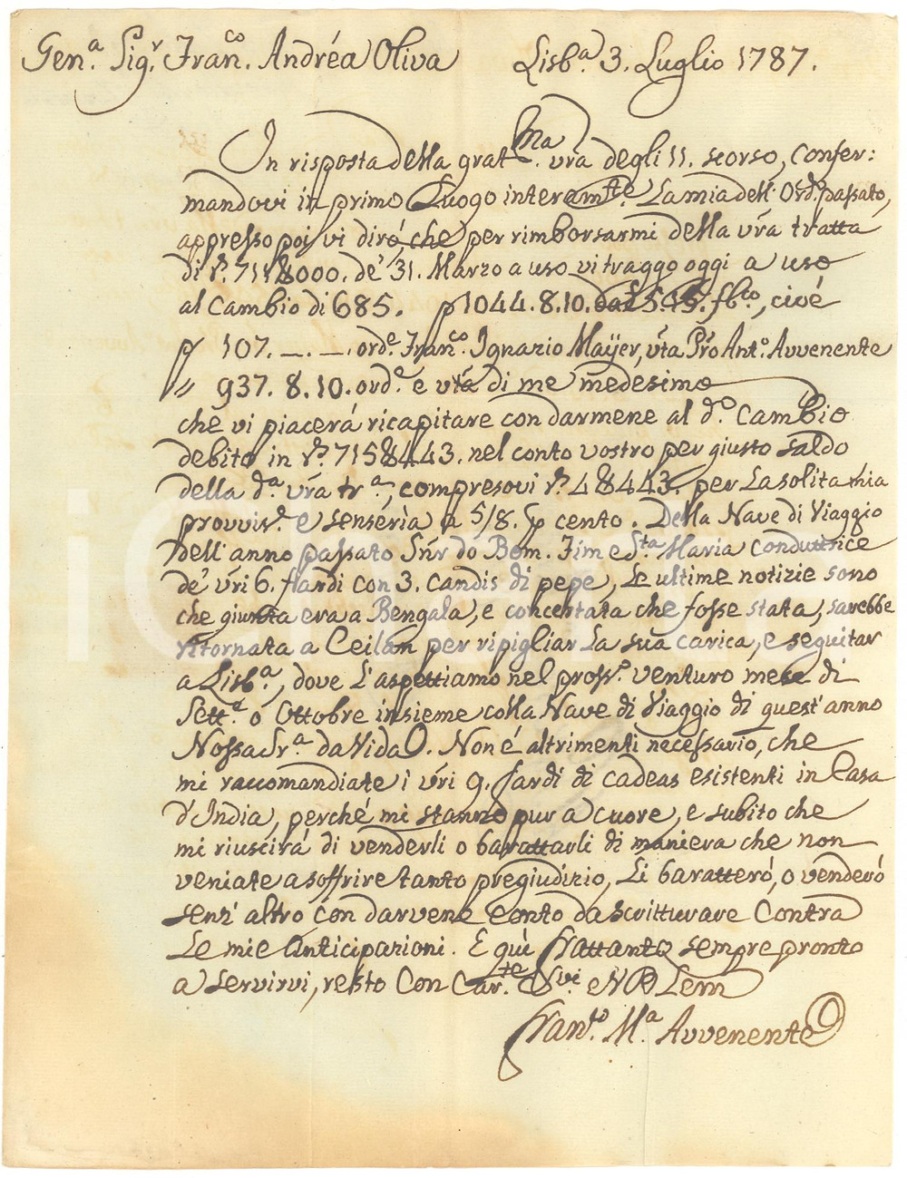 Manoscritto, lettera originale 1787 LISBONA Pepe dal Bengala sulla SENHOR DO BOM FIM Lettera 1